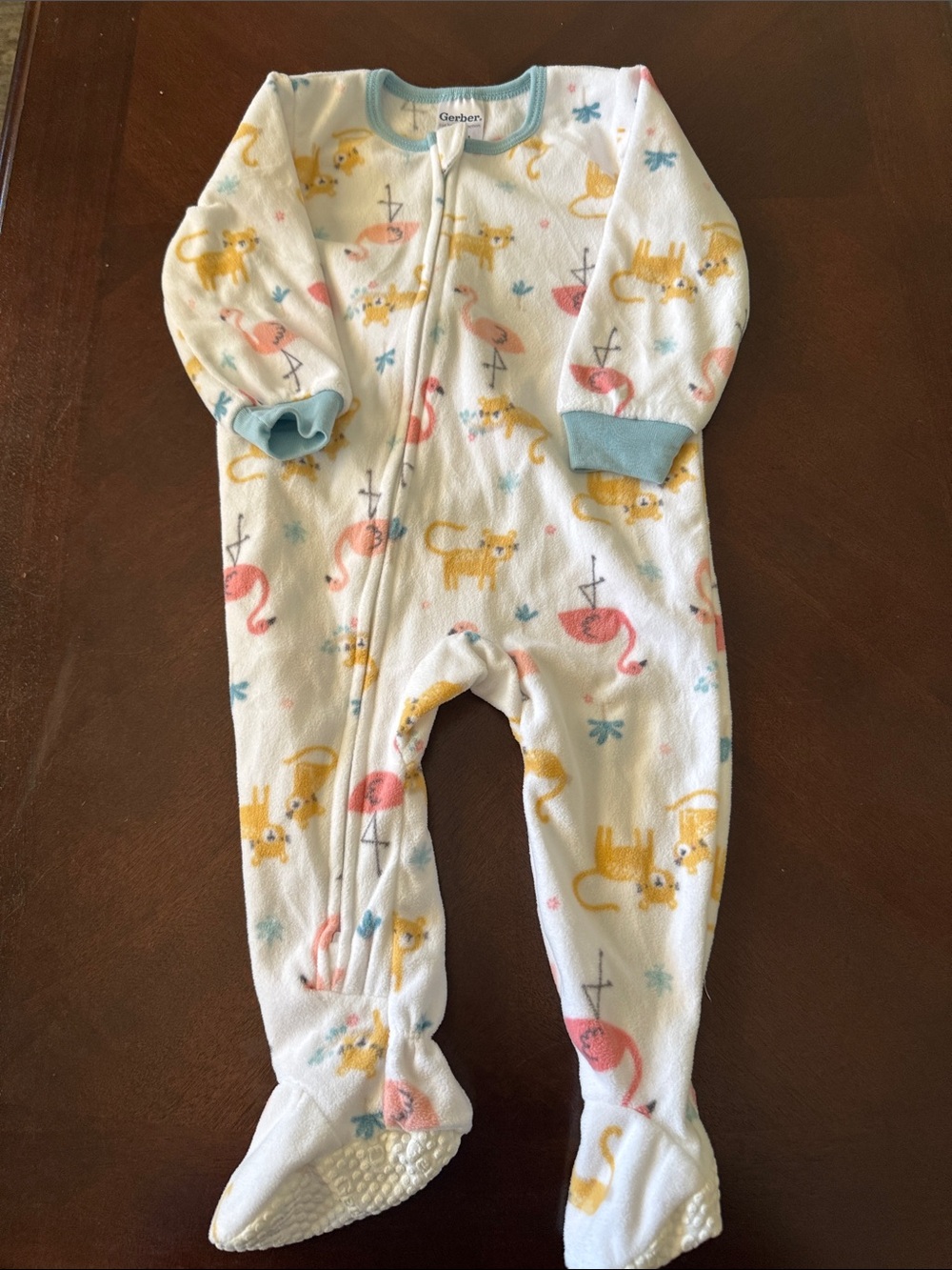 Gerber White Footed Fleece One-Piece with Pink & Yellow Animal Motif